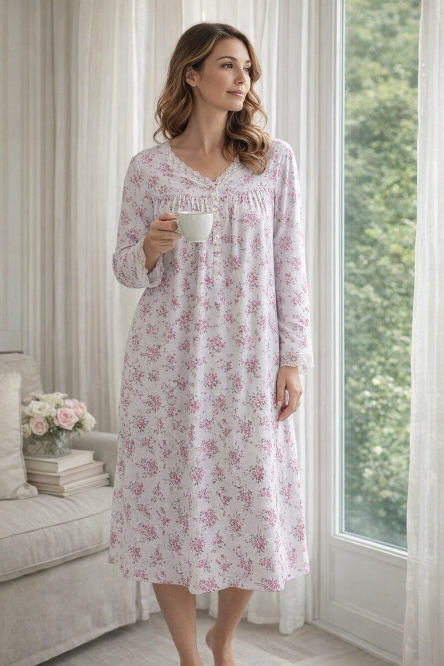 Eileen West Long Sleeve Floral Chemise Nightgown XL Pink Lace Cottage Trad Wife